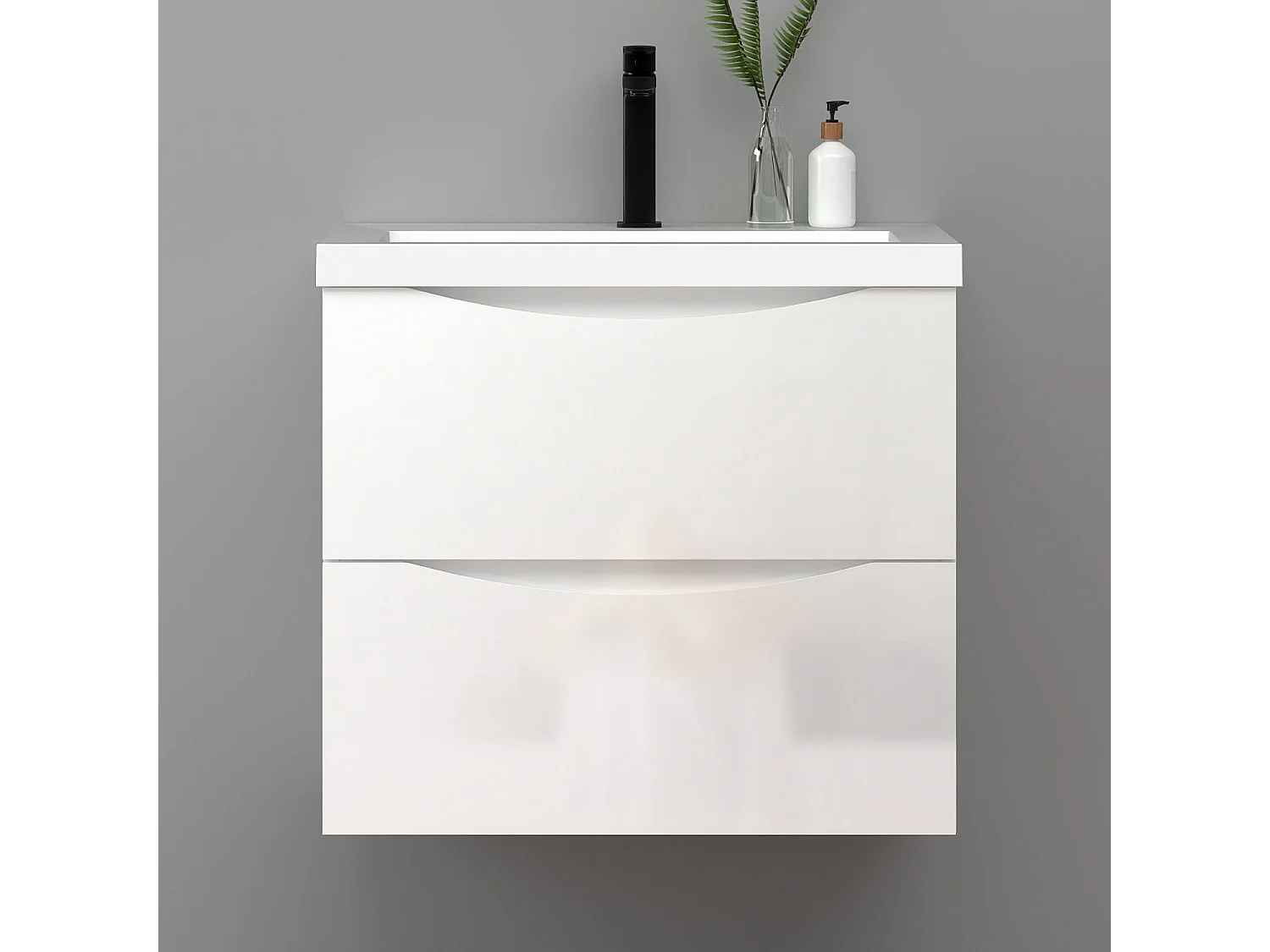 Meuble de salle de bain suspendu Brillant 60cm avec simple lavabo + 2 tiroirs, Blanc