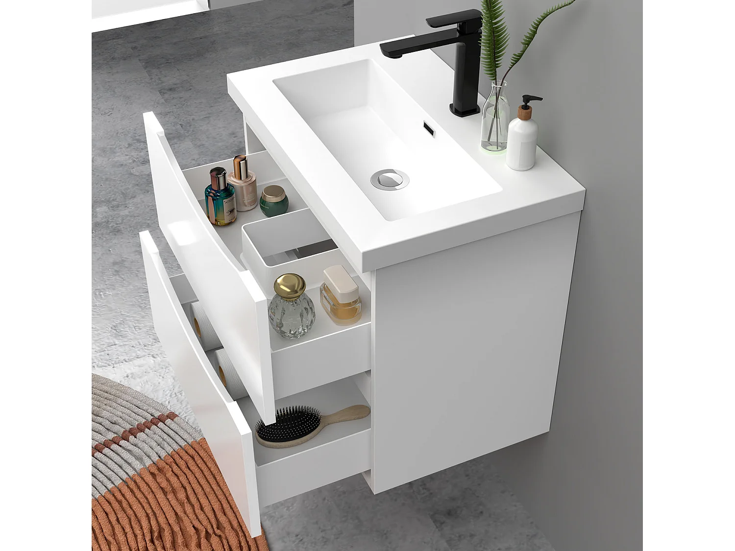 Meuble de salle de bain suspendu Brillant 60cm avec simple lavabo + 2 tiroirs, Blanc