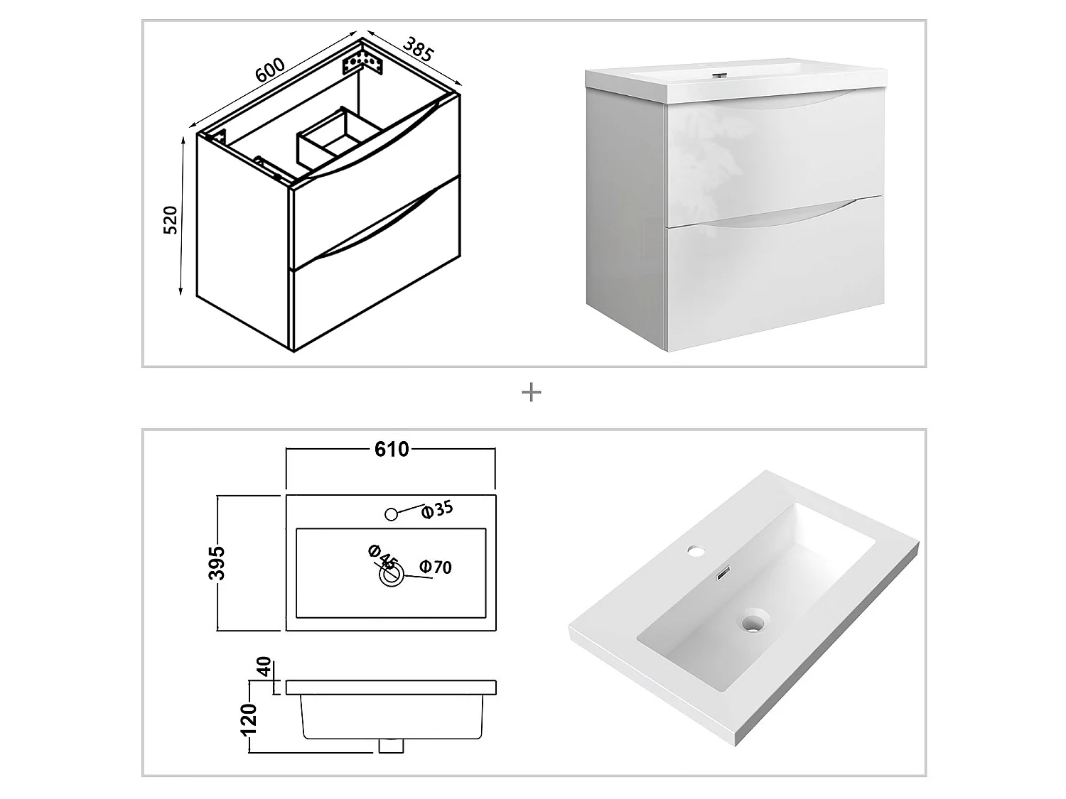 Meuble de salle de bain suspendu Brillant 60cm avec simple lavabo + 2 tiroirs, Blanc