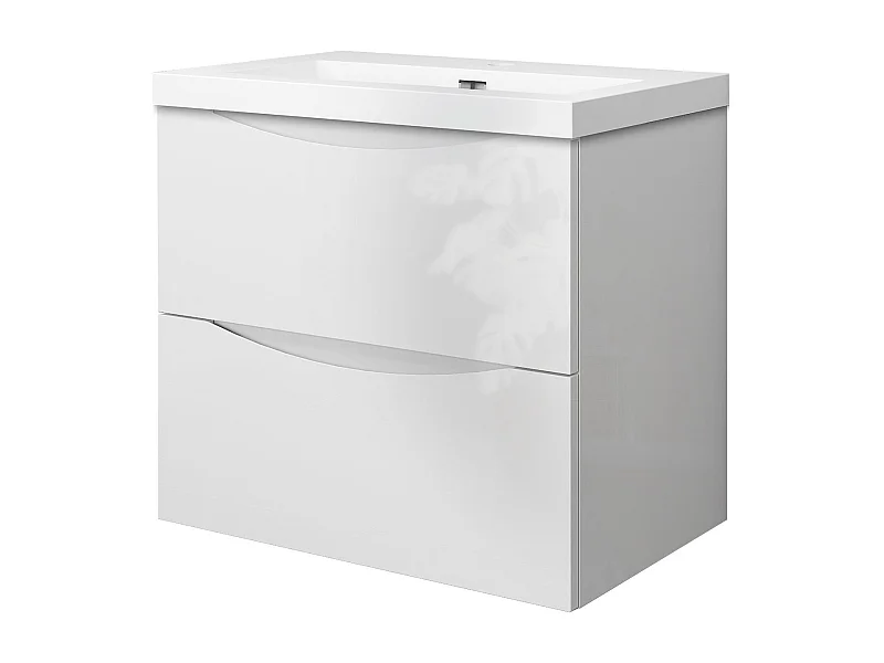 Meuble de salle de bain suspendu Brillant 60cm avec simple lavabo + 2 tiroirs, Blanc