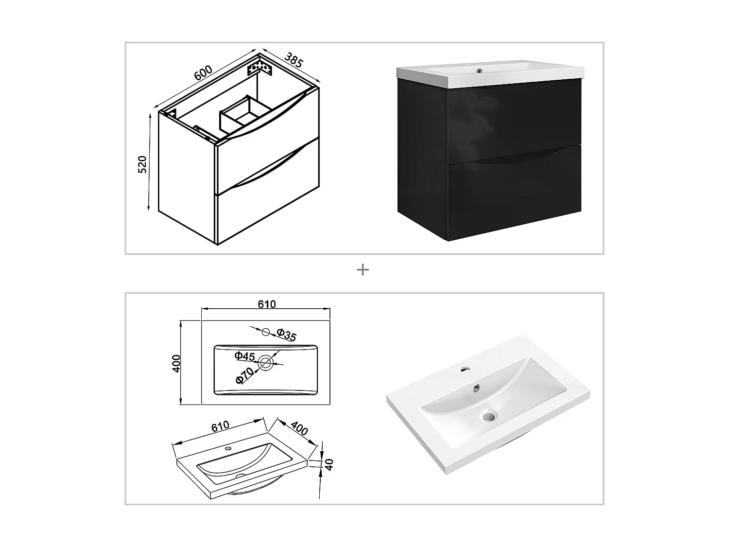 Meuble de salle de bain suspendu Brillant 60cm avec simple vasque + 2 tiroirs, Noir