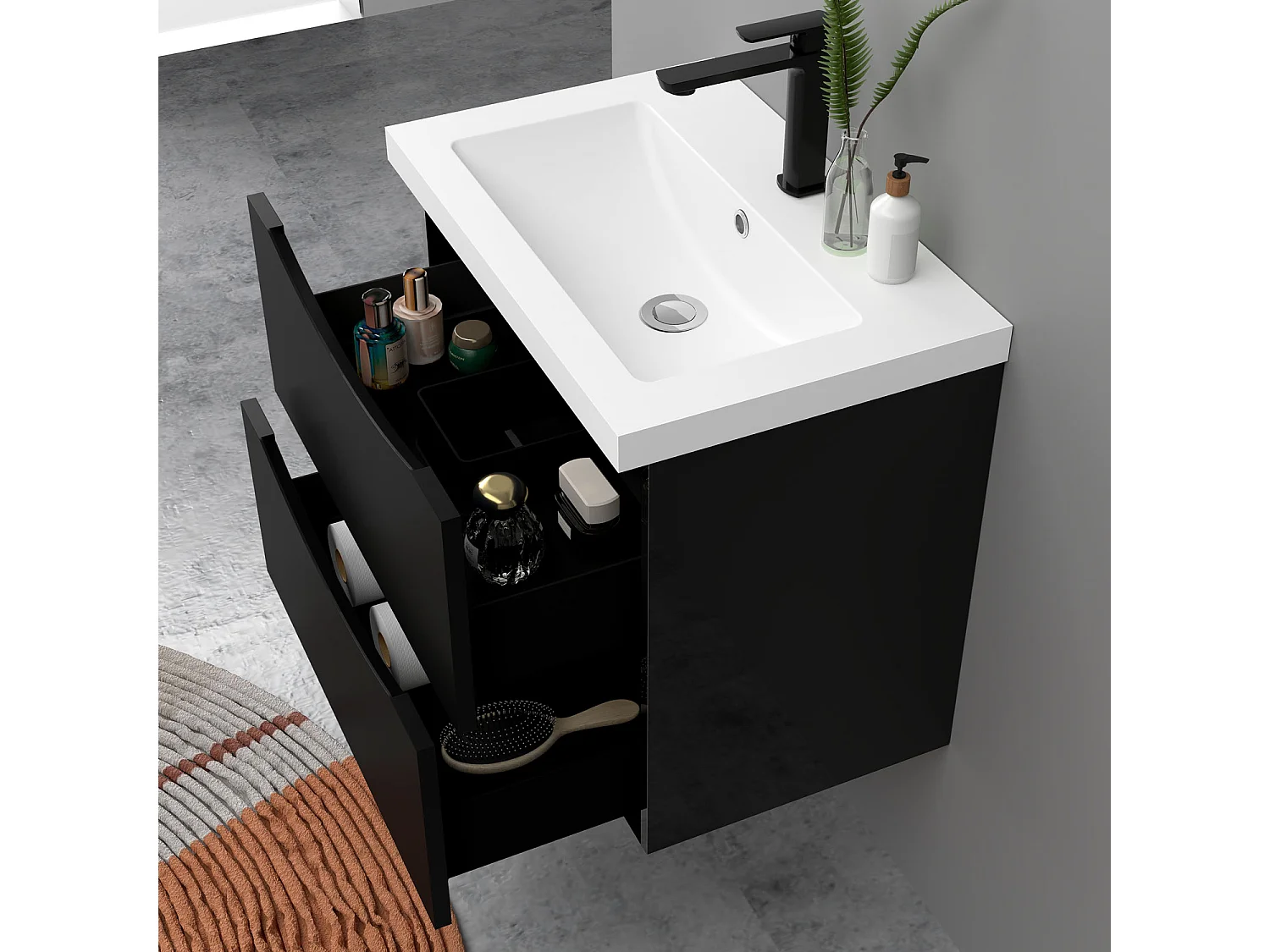 Meuble de salle de bain suspendu Brillant 60cm avec simple vasque + 2 tiroirs, Noir