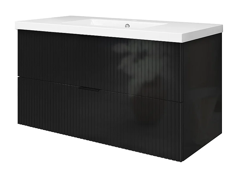 Meuble de salle de bain suspendu Strié Brillant 100cm avec simple vasque + 2 tiroirs, Noir