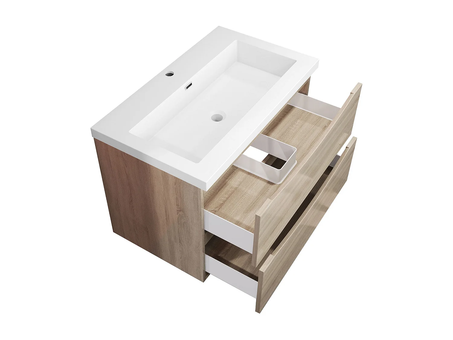 Meuble de salle de bain suspendu Brillant 80cm avec simple lavabo + 2 tiroirs, Chêne