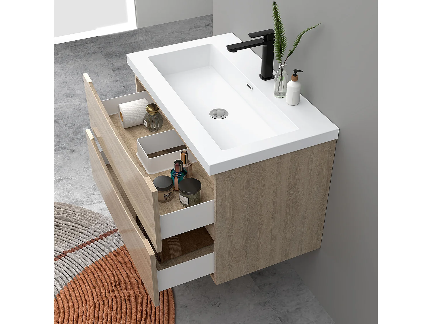 Meuble de salle de bain suspendu Brillant 80cm avec simple lavabo + 2 tiroirs, Chêne