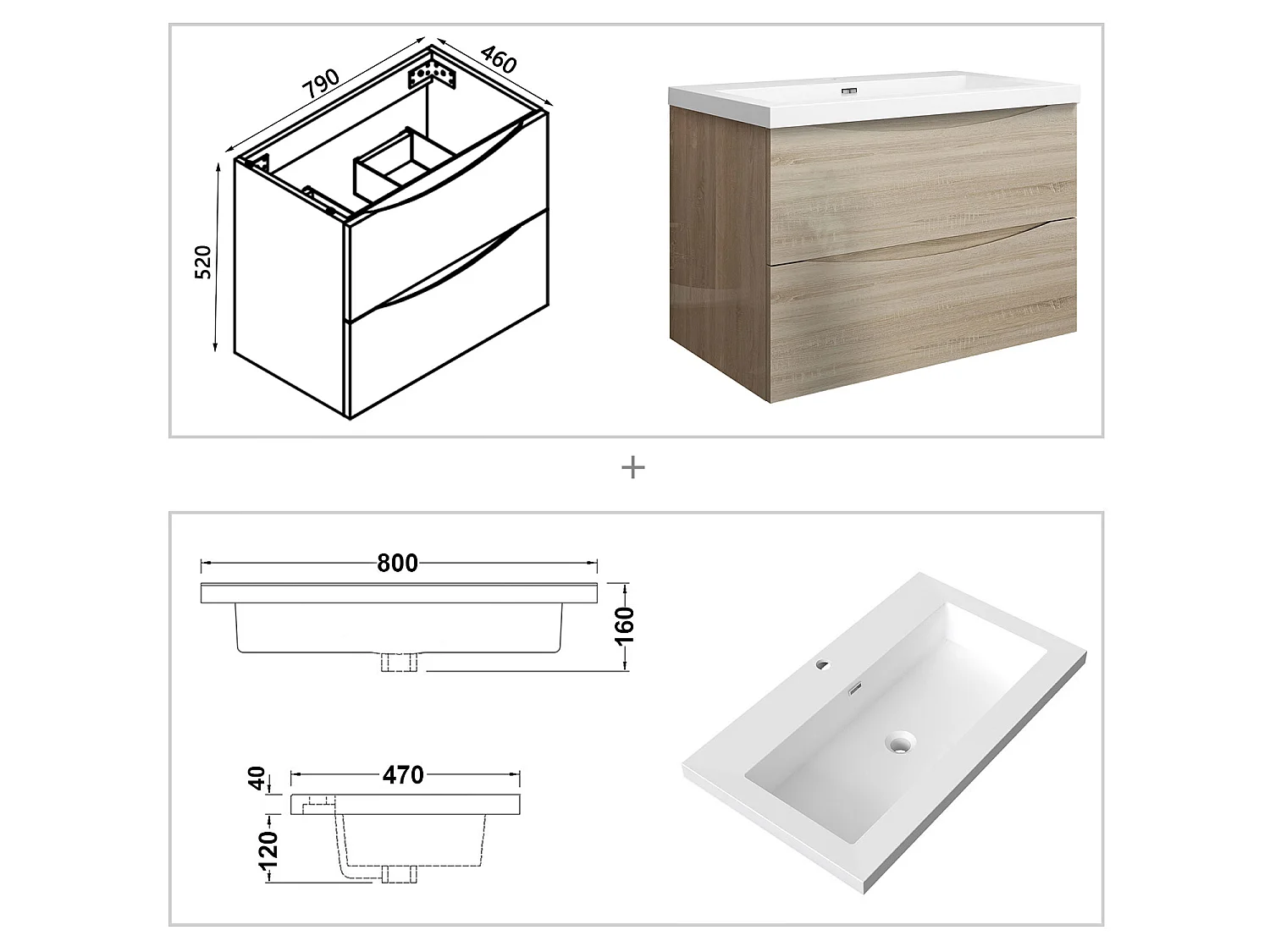 Meuble de salle de bain suspendu Brillant 80cm avec simple lavabo + 2 tiroirs, Chêne