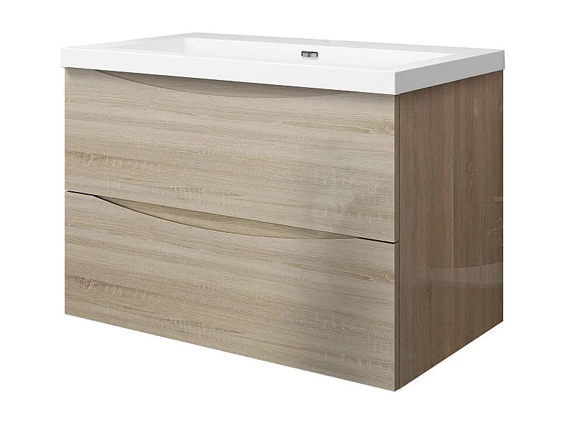 Meuble de salle de bain suspendu Brillant 80cm avec simple lavabo + 2 tiroirs, Chêne