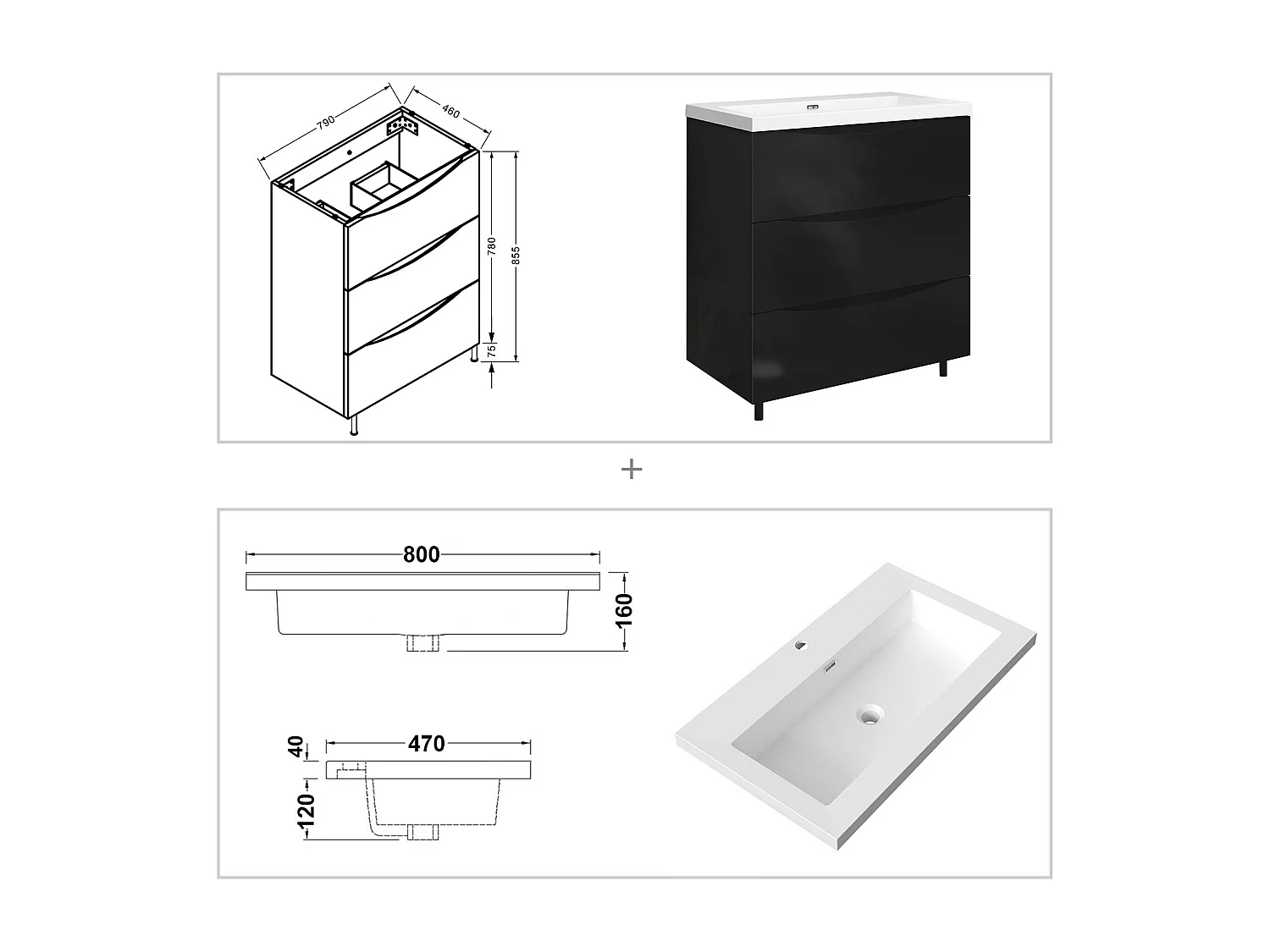 Meuble de salle de bain Brillant, Meuble de sol 80cm avec simple lavabo + 3 tiroirs, Noir