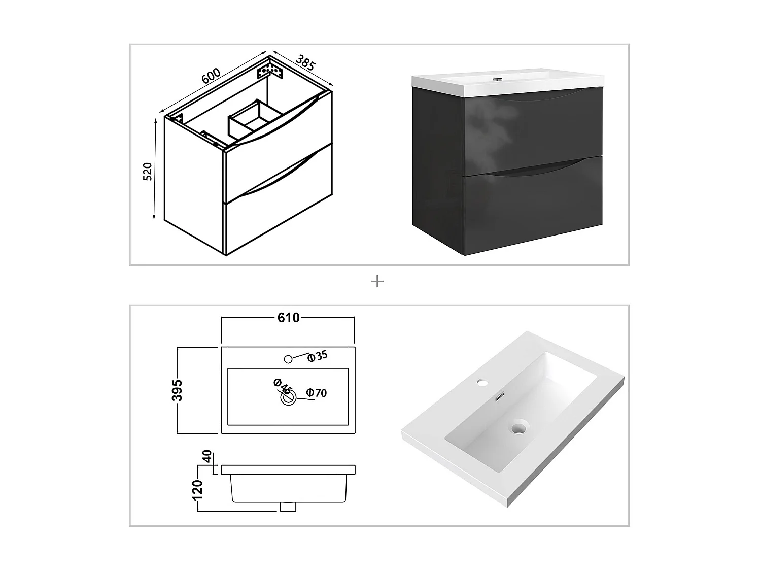 Meuble de salle de bain suspendu Brillant 60cm avec simple lavabo + 2 tiroirs, Anthracite