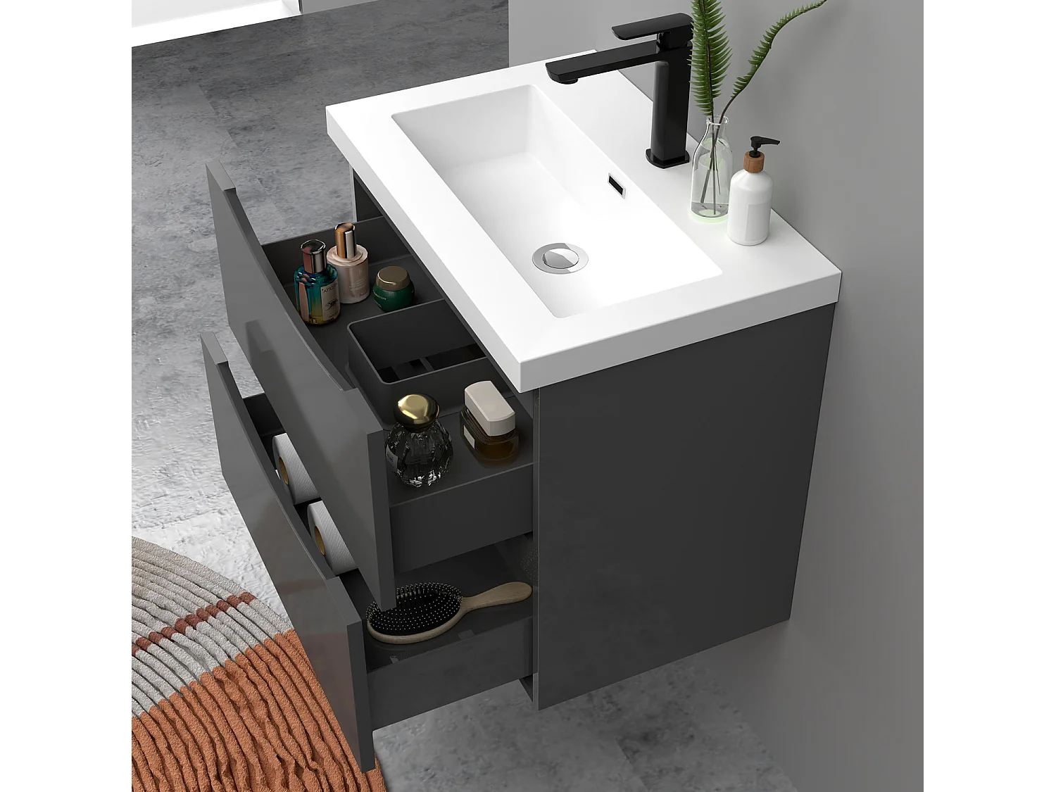 Meuble de salle de bain suspendu Brillant 60cm avec simple lavabo + 2 tiroirs, Anthracite