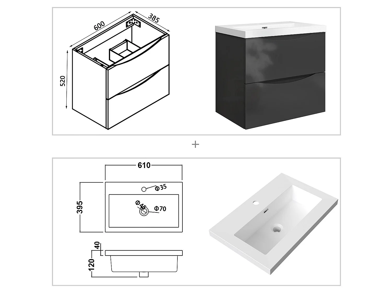 Meuble de salle de bain suspendu Brillant 60cm avec simple lavabo + 2 tiroirs, Anthracite