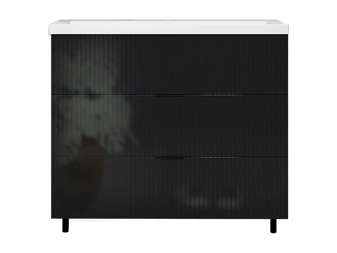 Meuble de salle de bain Strié Brillant, Meuble de sol 100cm avec simple lavabo + 3 tiroirs, Noir