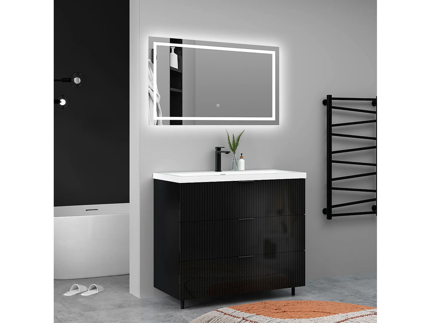 Meuble de salle de bain Strié Brillant, Meuble de sol 100cm avec simple lavabo + 3 tiroirs, Noir