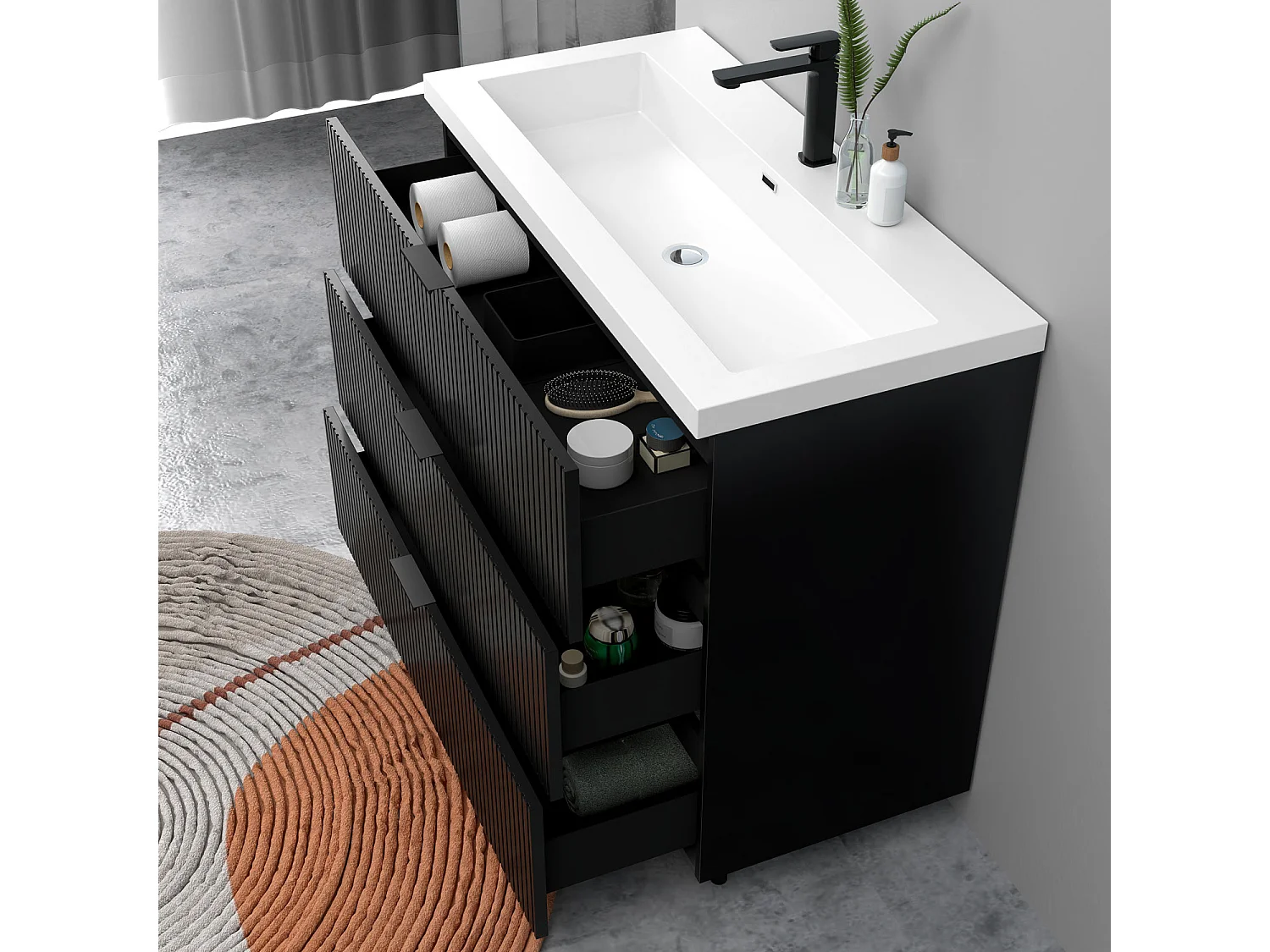 Meuble de salle de bain Strié Brillant, Meuble de sol 100cm avec simple lavabo + 3 tiroirs, Noir