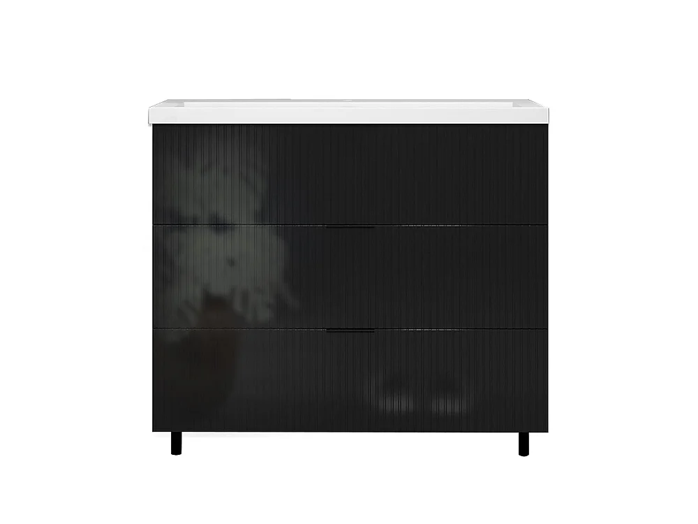 Meuble de salle de bain Strié Brillant, Meuble de sol 100cm avec simple lavabo + 3 tiroirs, Noir
