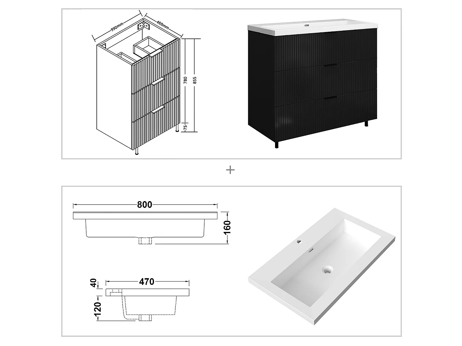 Meuble de salle de bain Strié Brillant, Meuble de sol 100cm avec simple lavabo + 3 tiroirs, Noir