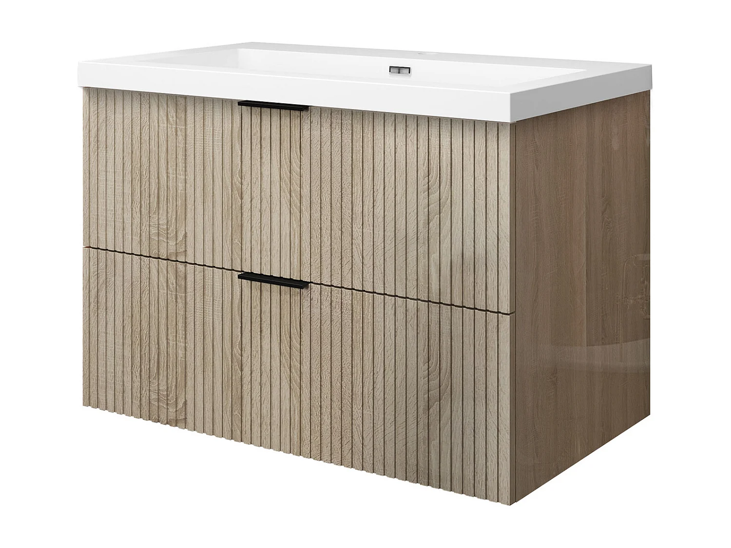 Meuble de salle de bain suspendu Strié Brillant 80cm avec simple lavabo + 2 tiroirs, Chêne