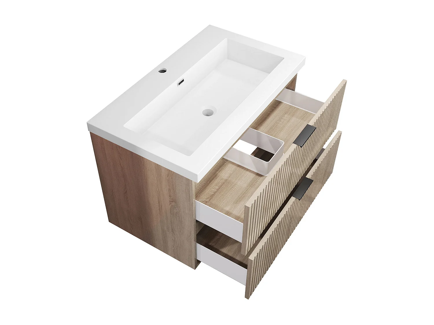 Meuble de salle de bain suspendu Strié Brillant 80cm avec simple lavabo + 2 tiroirs, Chêne