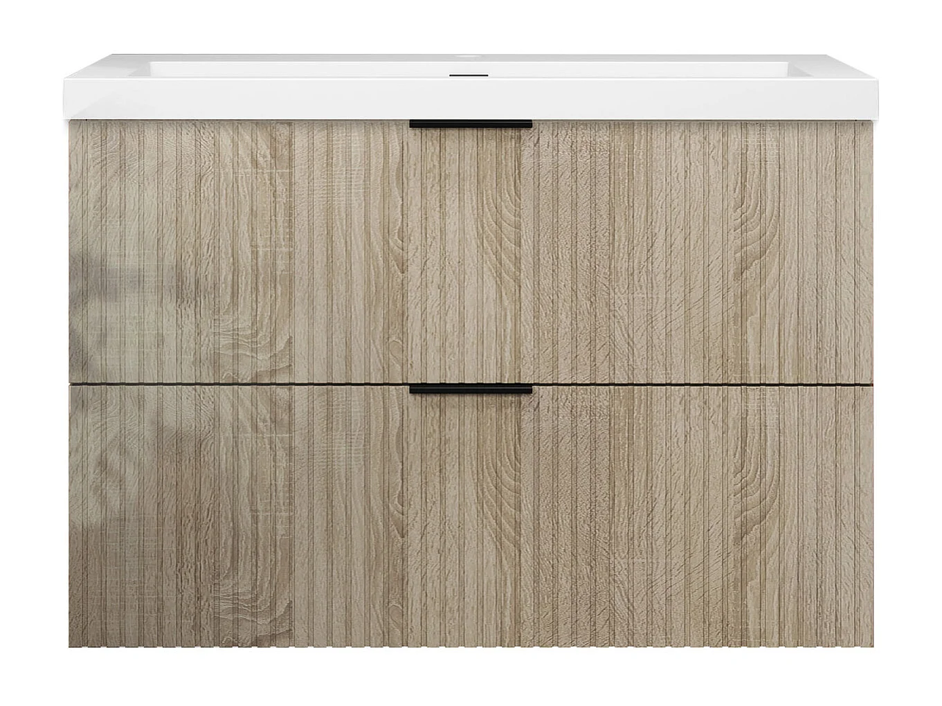 Meuble de salle de bain suspendu Strié Brillant 80cm avec simple lavabo + 2 tiroirs, Chêne