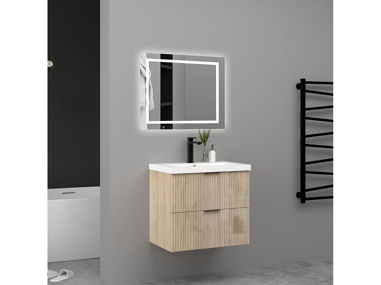 Meuble de salle de bain suspendu Strié Brillant 80cm avec simple lavabo + 2 tiroirs, Chêne