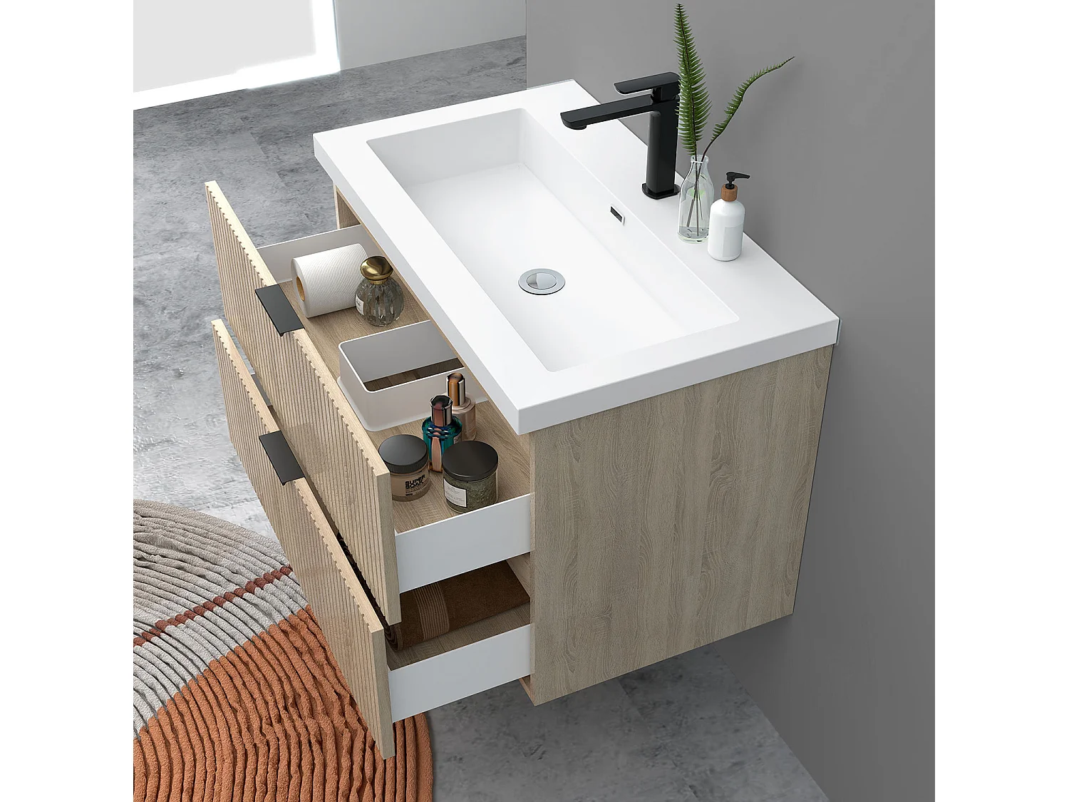Meuble de salle de bain suspendu Strié Brillant 80cm avec simple lavabo + 2 tiroirs, Chêne