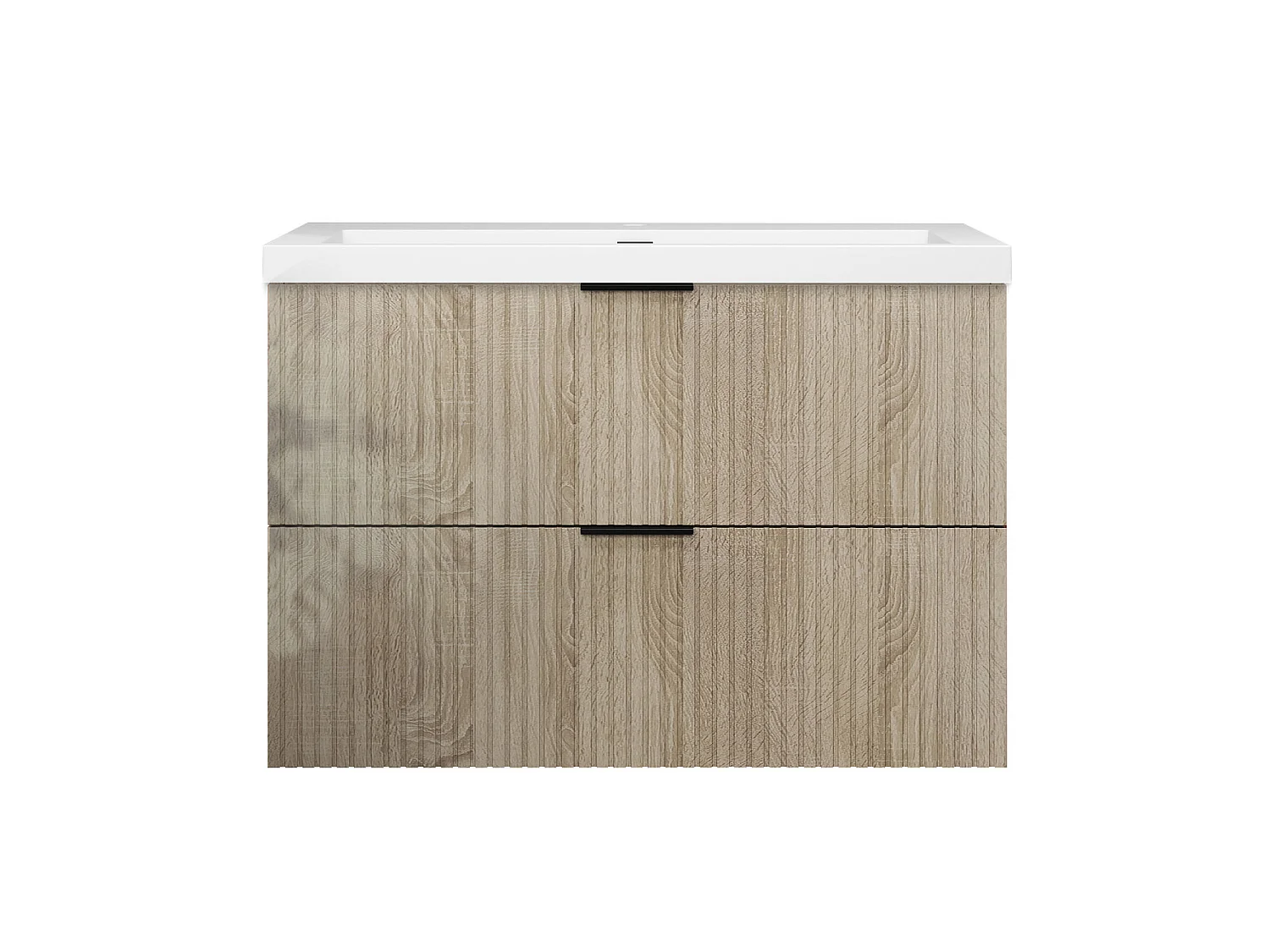 Meuble de salle de bain suspendu Strié Brillant 80cm avec simple lavabo + 2 tiroirs, Chêne