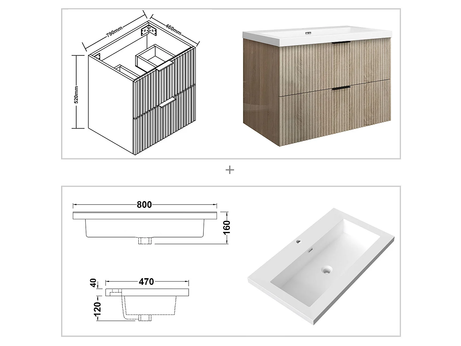 Meuble de salle de bain suspendu Strié Brillant 80cm avec simple lavabo + 2 tiroirs, Chêne