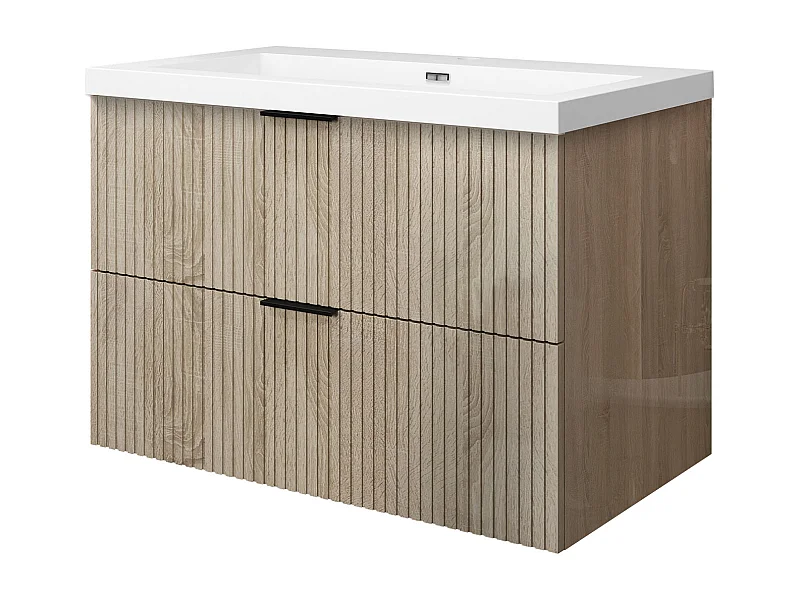 Meuble de salle de bain suspendu Strié Brillant 80cm avec simple lavabo + 2 tiroirs, Chêne
