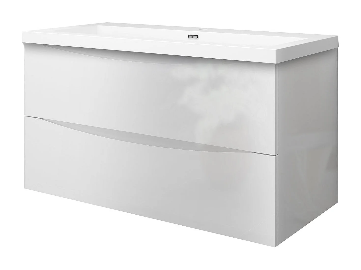 Meuble de salle de bain suspendu Brillant 100cm avec simple lavabo + 2 tiroirs, Blanc