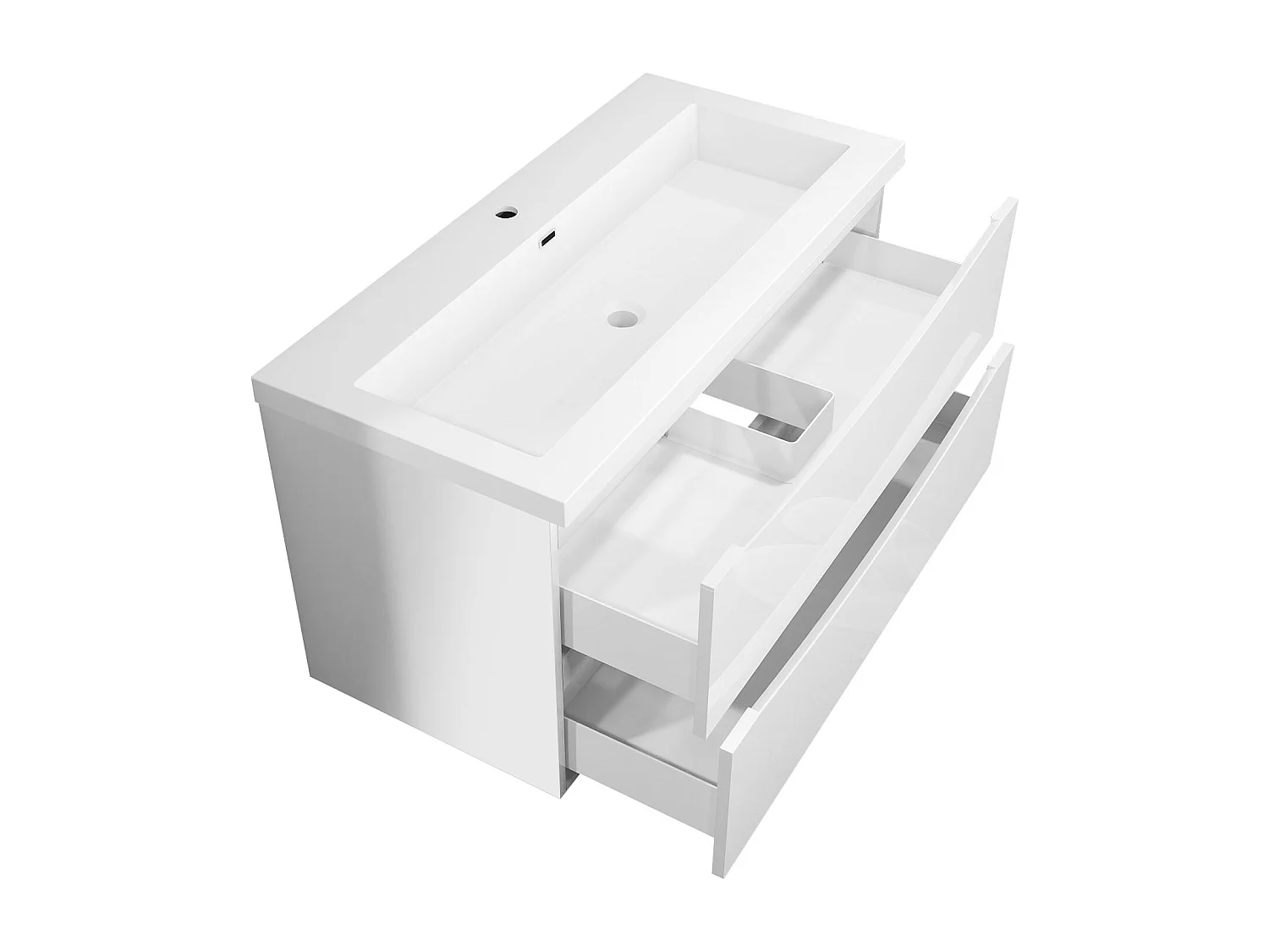 Meuble de salle de bain suspendu Brillant 100cm avec simple lavabo + 2 tiroirs, Blanc