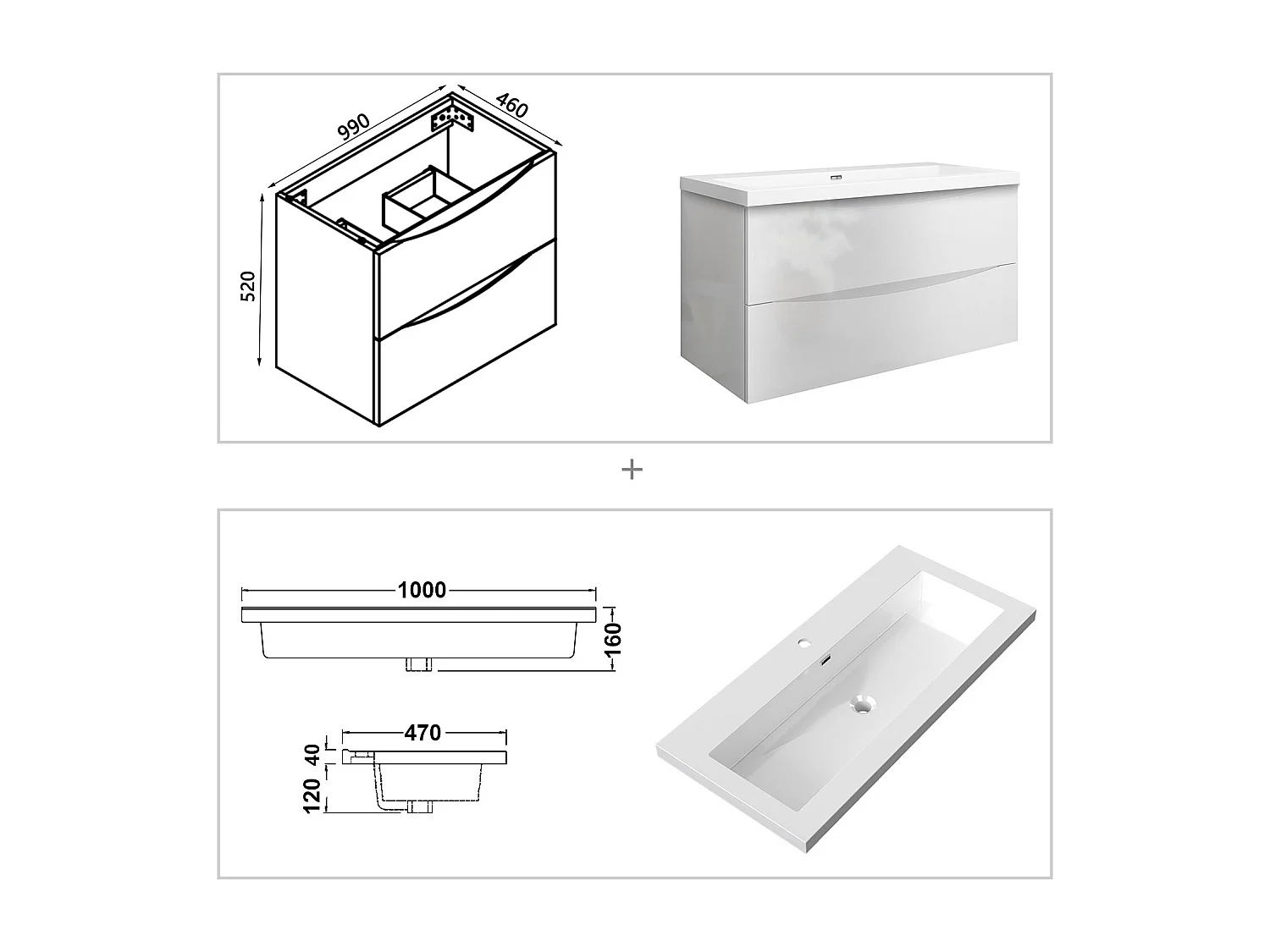 Meuble de salle de bain suspendu Brillant 100cm avec simple lavabo + 2 tiroirs, Blanc