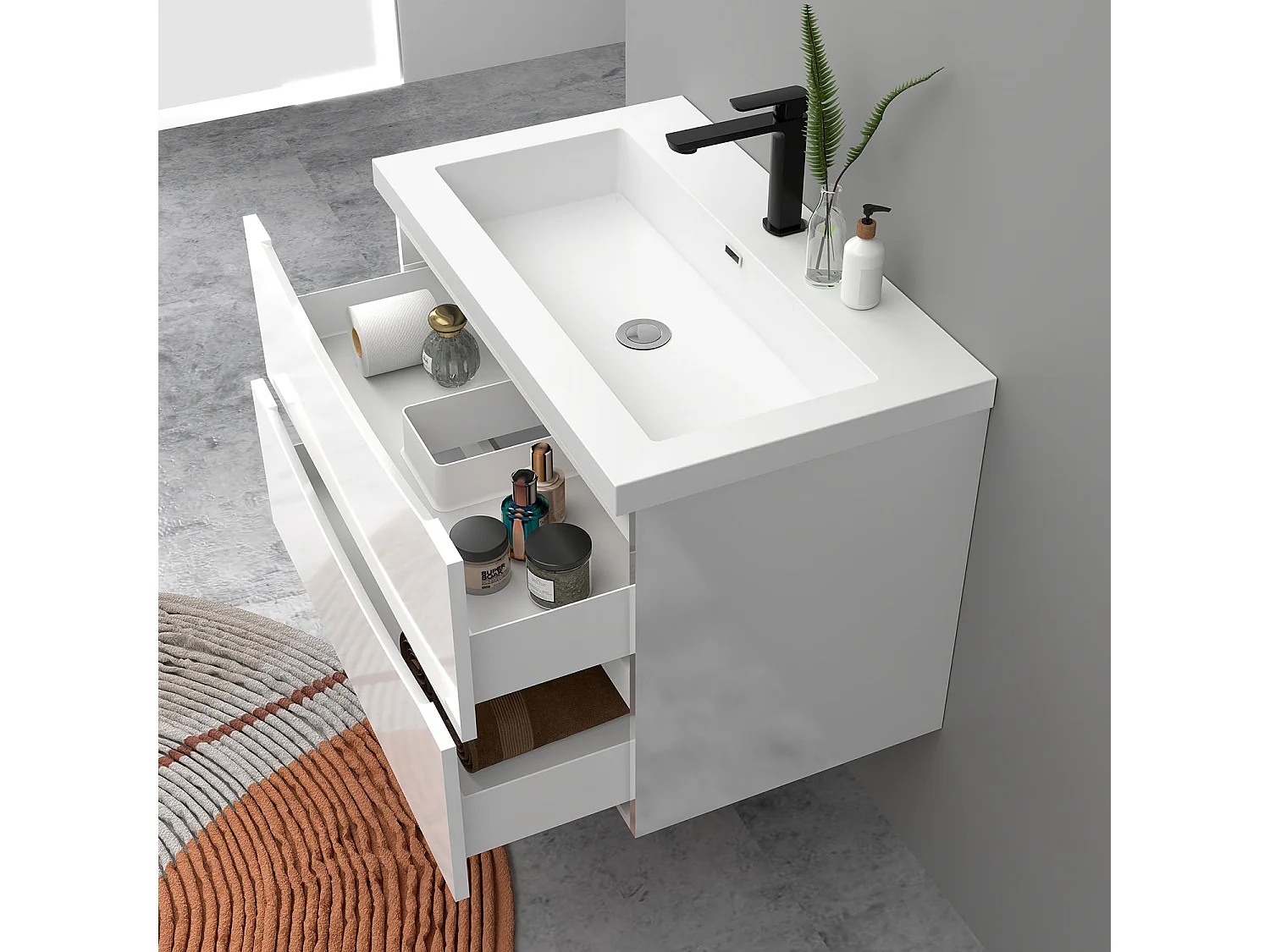 Meuble de salle de bain suspendu Brillant 100cm avec simple lavabo + 2 tiroirs, Blanc