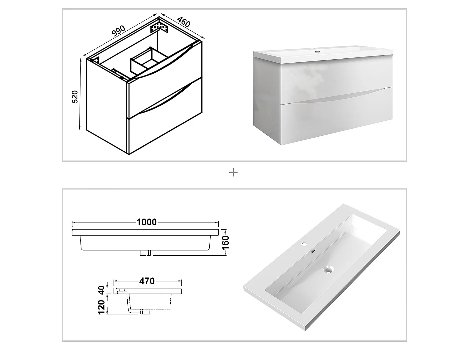Meuble de salle de bain suspendu Brillant 100cm avec simple lavabo + 2 tiroirs, Blanc