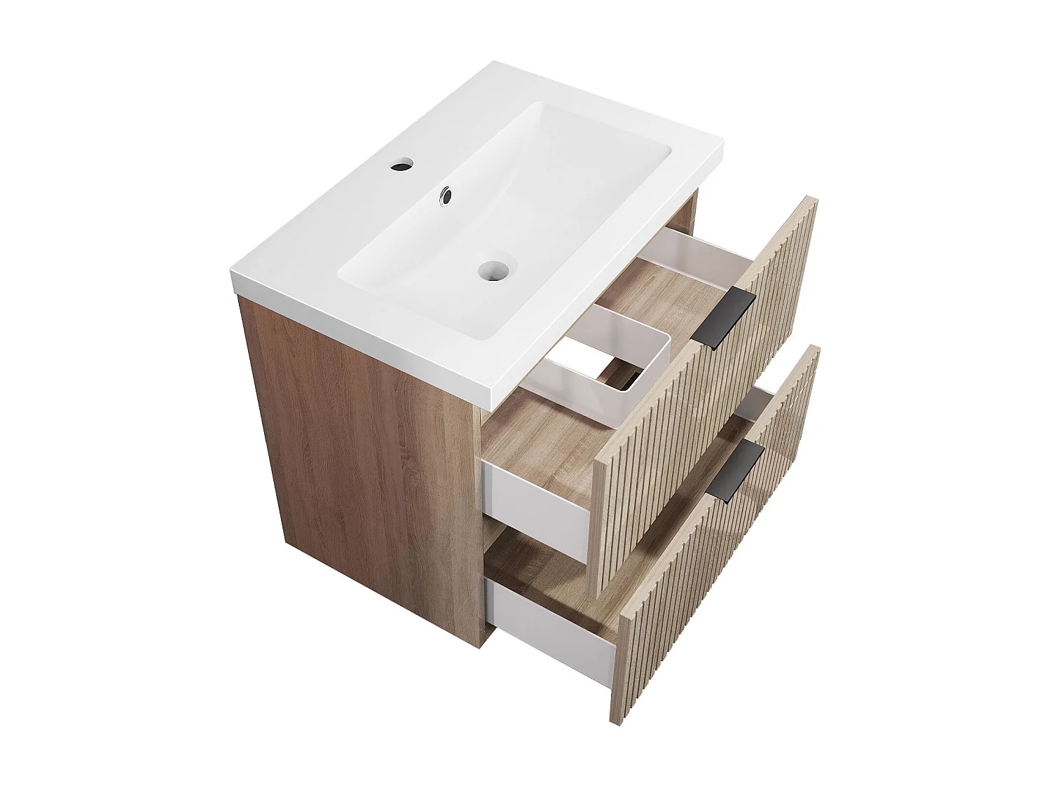 Meuble de salle de bain suspendu Strié Brillant 60cm avec simple vasque + 2 tiroirs, Chêne