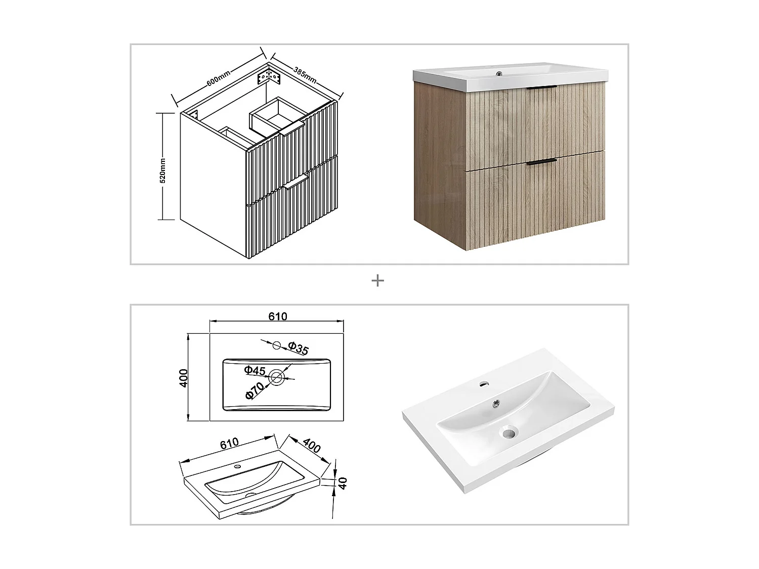 Meuble de salle de bain suspendu Strié Brillant 60cm avec simple vasque + 2 tiroirs, Chêne