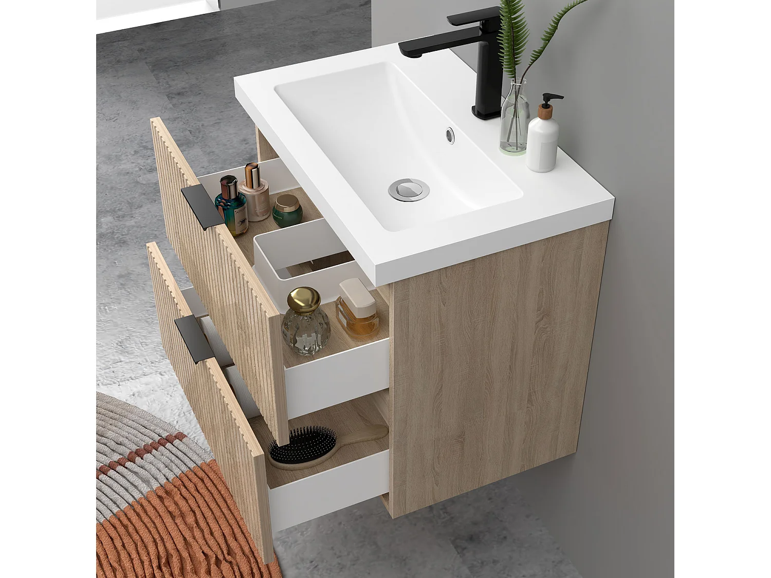 Meuble de salle de bain suspendu Strié Brillant 60cm avec simple vasque + 2 tiroirs, Chêne