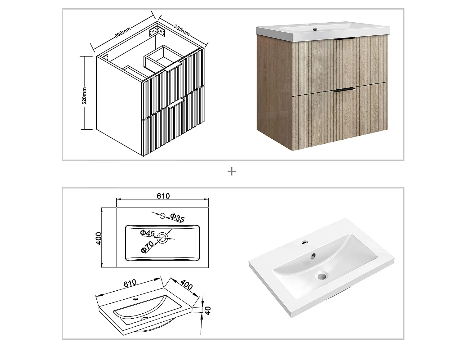 Meuble de salle de bain suspendu Strié Brillant 60cm avec simple vasque + 2 tiroirs, Chêne