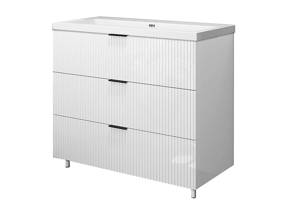 Meuble de salle de bain Strié Brillant, Meuble de sol 100cm avec simple lavabo + 3 tiroirs, Blanc