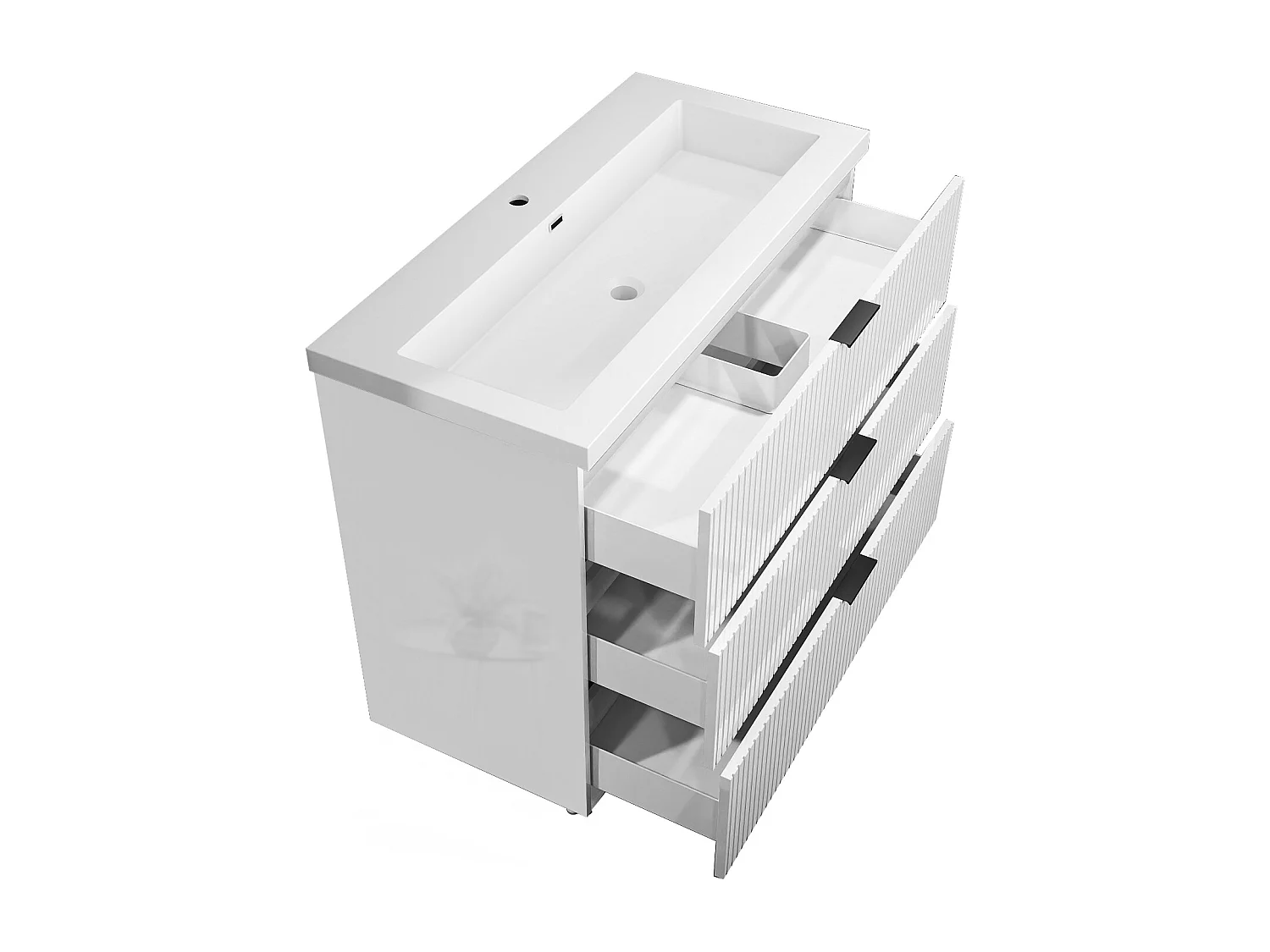 Meuble de salle de bain Strié Brillant, Meuble de sol 100cm avec simple lavabo + 3 tiroirs, Blanc