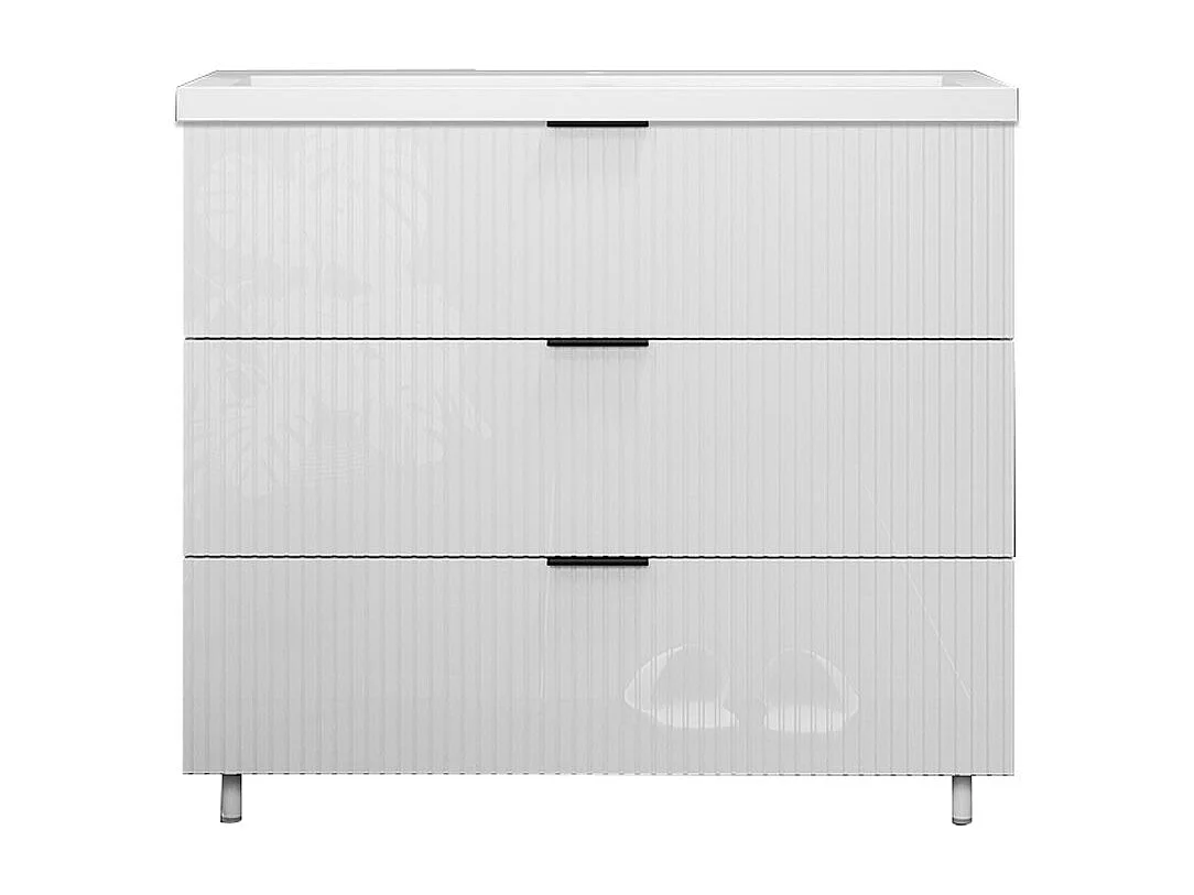 Meuble de salle de bain Strié Brillant, Meuble de sol 100cm avec simple lavabo + 3 tiroirs, Blanc