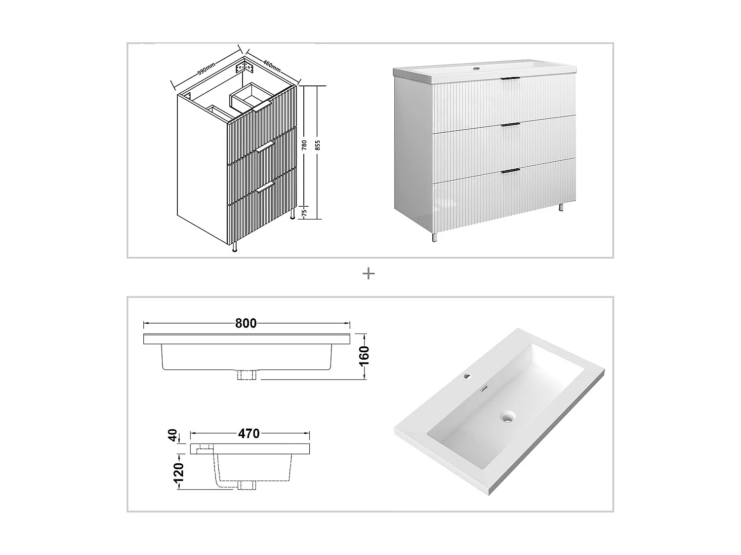 Meuble de salle de bain Strié Brillant, Meuble de sol 100cm avec simple lavabo + 3 tiroirs, Blanc