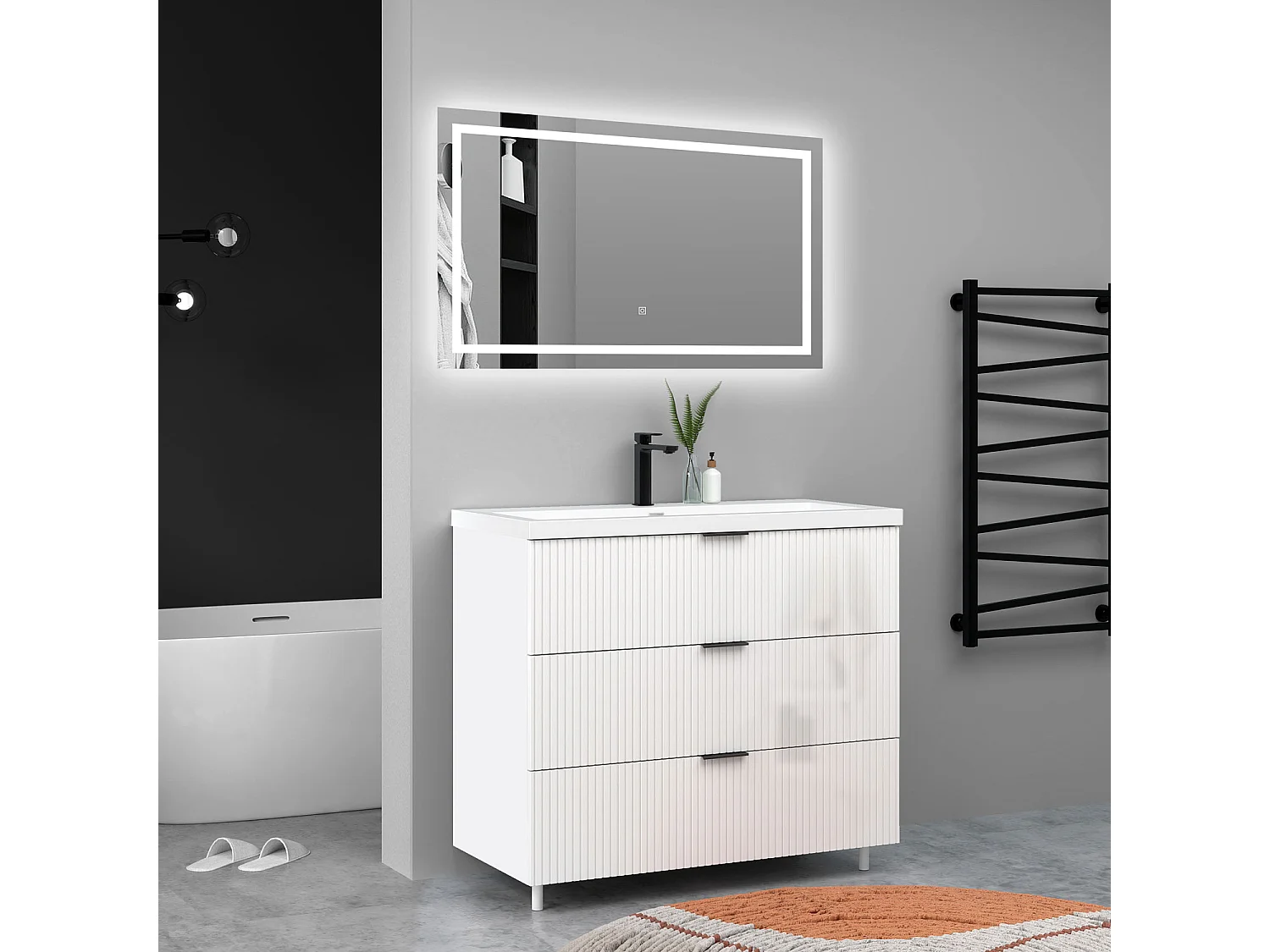 Meuble de salle de bain Strié Brillant, Meuble de sol 100cm avec simple lavabo + 3 tiroirs, Blanc