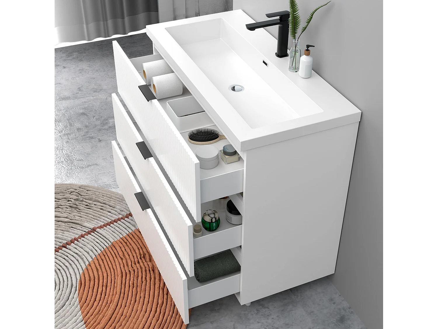 Meuble de salle de bain Strié Brillant, Meuble de sol 100cm avec simple lavabo + 3 tiroirs, Blanc