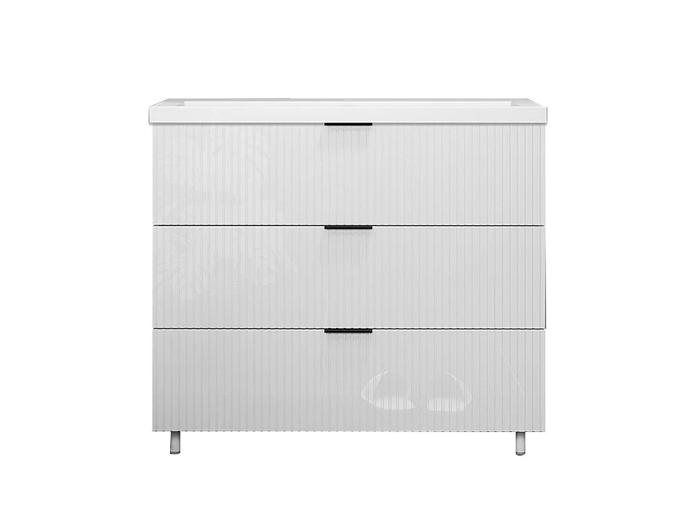 Meuble de salle de bain Strié Brillant, Meuble de sol 100cm avec simple lavabo + 3 tiroirs, Blanc