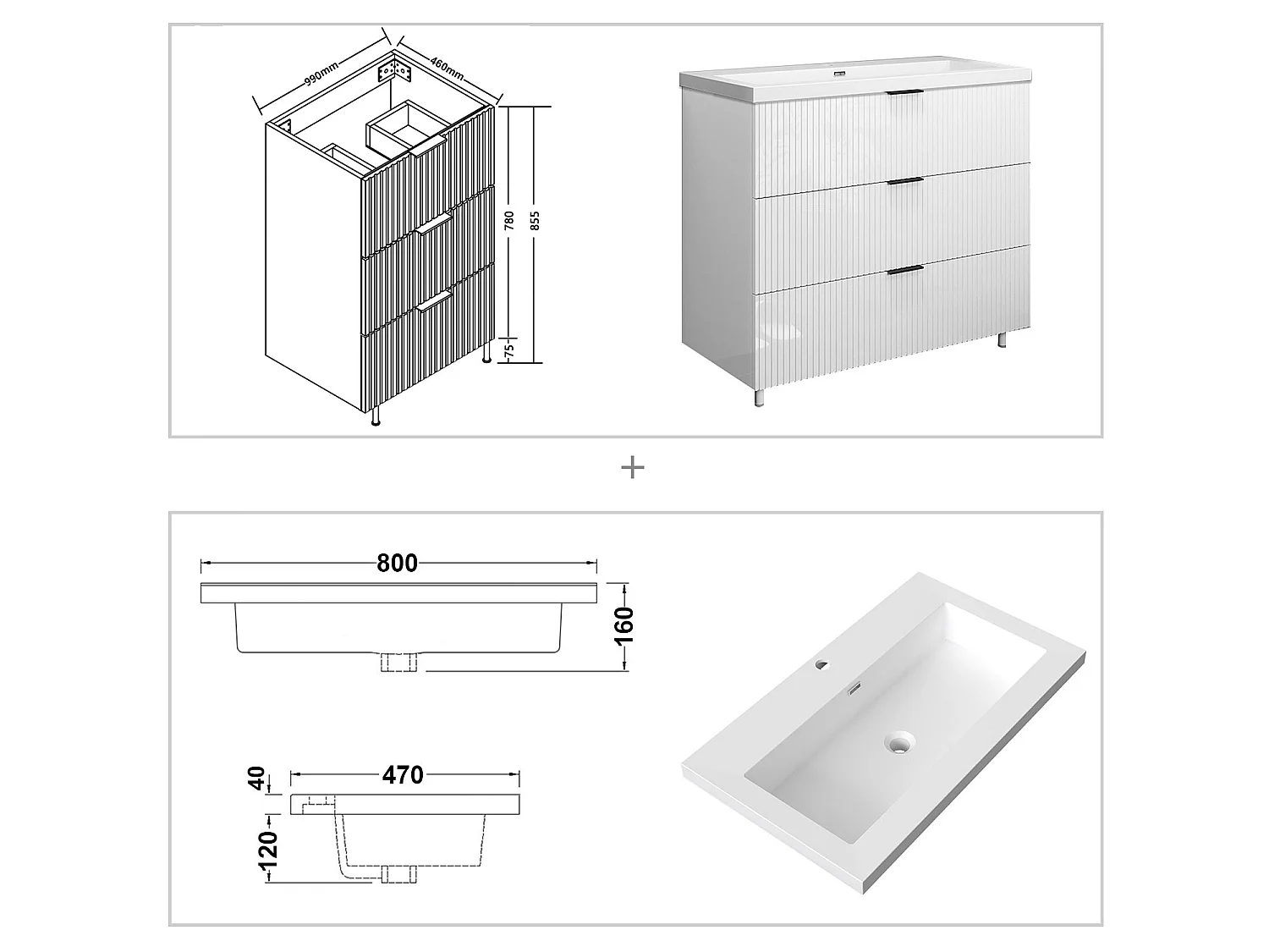 Meuble de salle de bain Strié Brillant, Meuble de sol 100cm avec simple lavabo + 3 tiroirs, Blanc