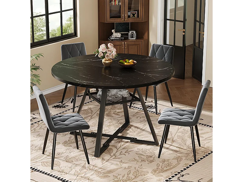 Ronde eettafel (1 stuk), metalen poten, marmerlook, zwart