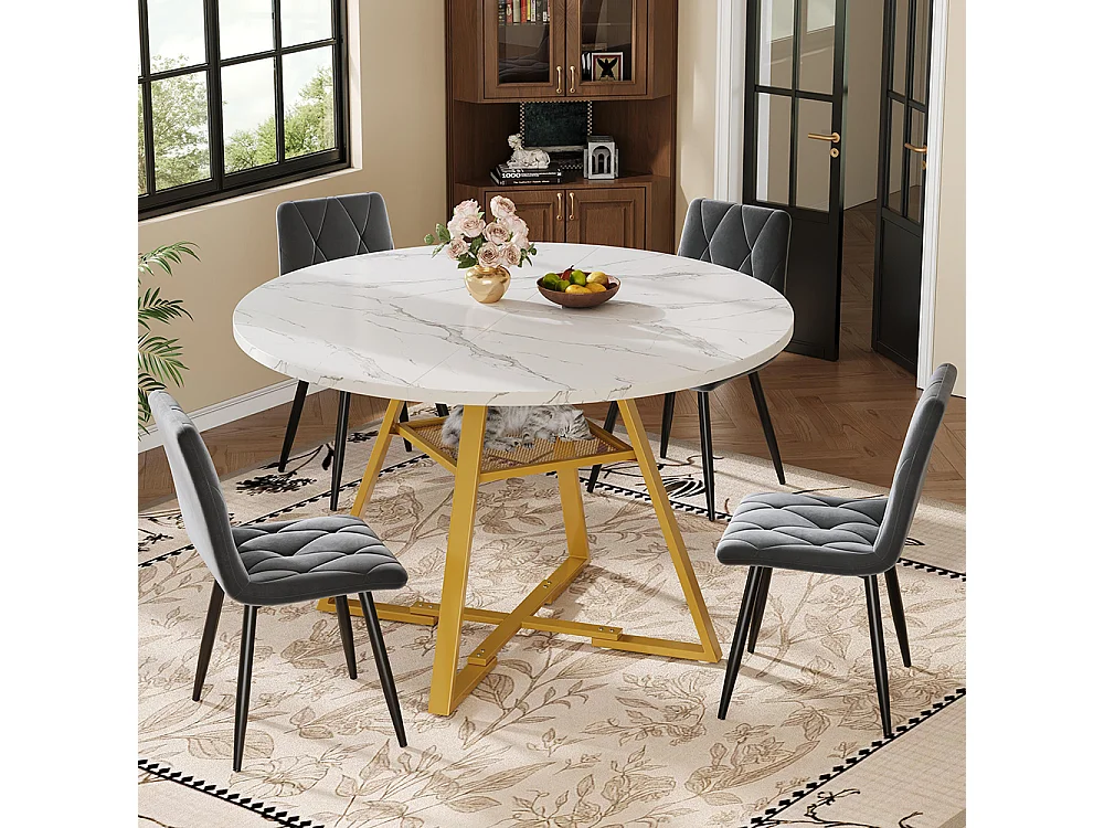 Ronde eettafel (1 stuk), metalen poten, marmerlook, wit