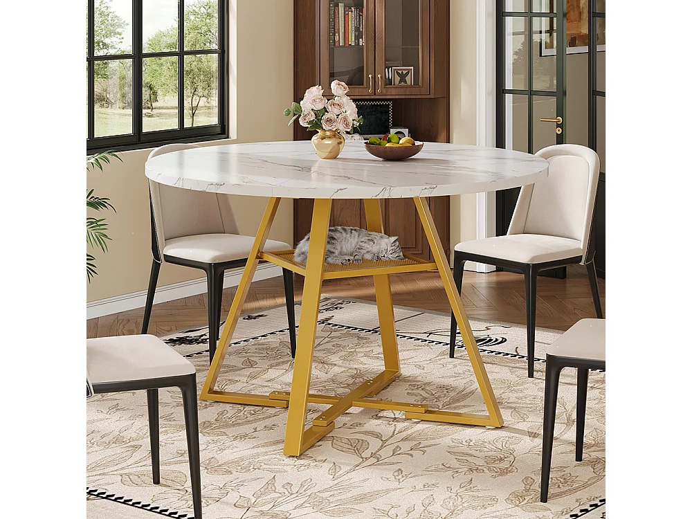 Ronde eettafel (1 stuk), metalen poten, marmerlook, wit