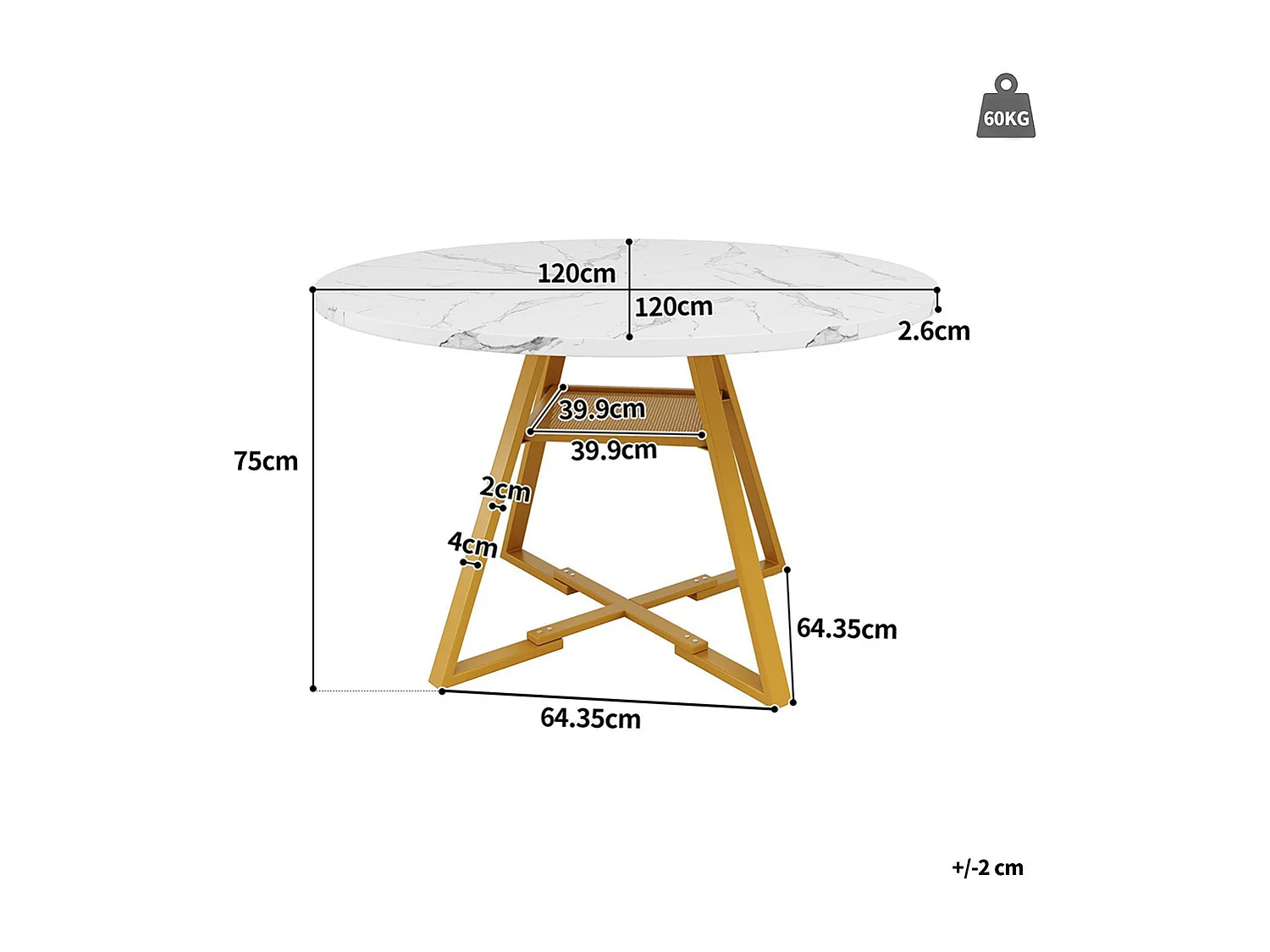 Ronde eettafel (1 stuk), metalen poten, marmerlook, wit