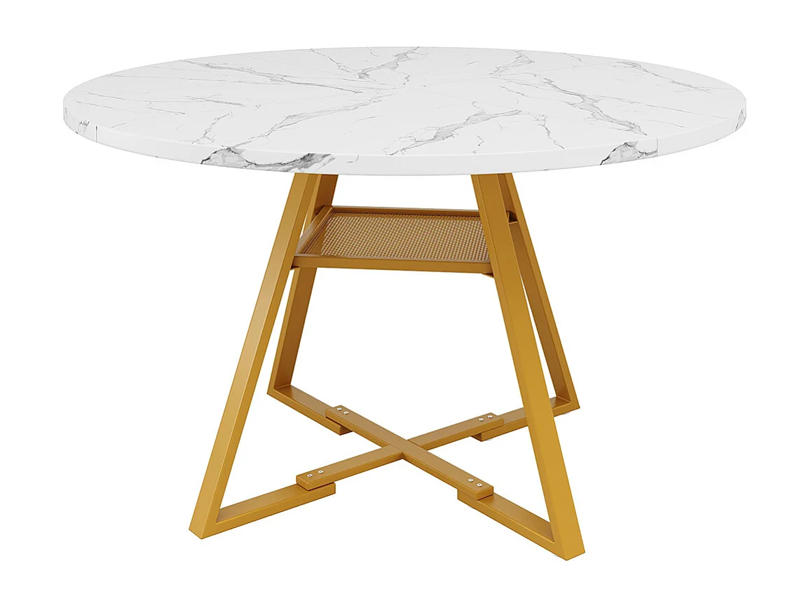 Ronde eettafel (1 stuk), metalen poten, marmerlook, wit